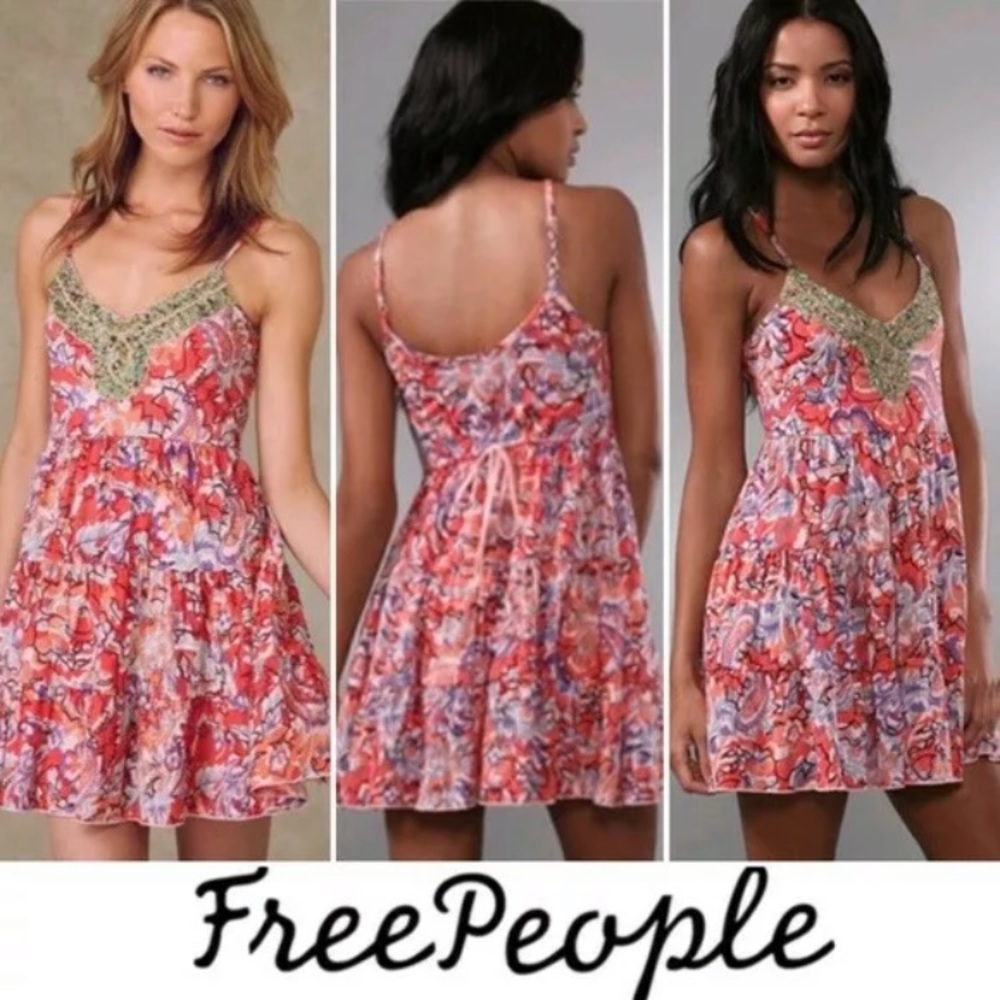 Free People Embellished Tiered Mini Dress